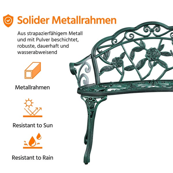 Detailansicht einer Gartenbank aus Metall mit Rosen-Design, wetterfest, sonnenbeständig und stabil mit pulverbeschichtetem Rahmen.