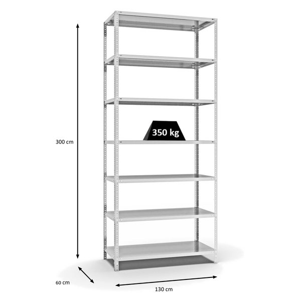 PROREGAL Fachbodenregal Schraubsystem Heavy-Duty Grundregal HxBxT 300 x 130 x 60 cm 7 Ebenen Fachlast 350 kg Beidseitig Nutzbar Lichtgrau