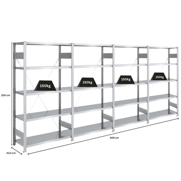 PROREGAL Schwerlastregal Silver Mamba Made In Germany  HxBxT 200 x 400 x 40 cm 5 Ebenen Je 150 kg Fachlast  Verzinkt
