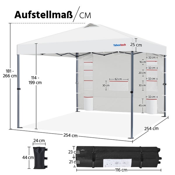 Abmessungen eines Pavillons mit Tragetasche und Sandsack