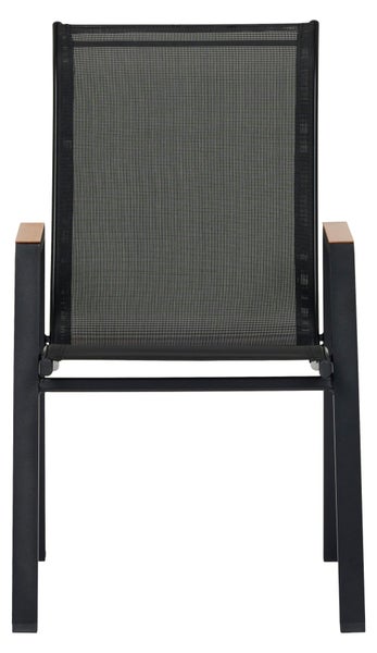 Gartenstuhl mit schwarzem Metallgestell, schwarzer Netzbespannung an Sitz und Rückenlehne sowie Armlehnen aus Holz.