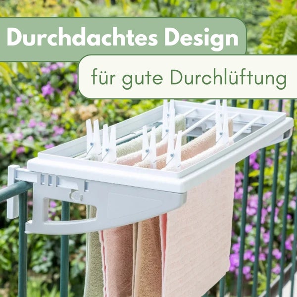 Wäschetrockner am Balkongeländer mit Handtüchern, konstruiert für eine gute Durchlüftung der Wäsche.