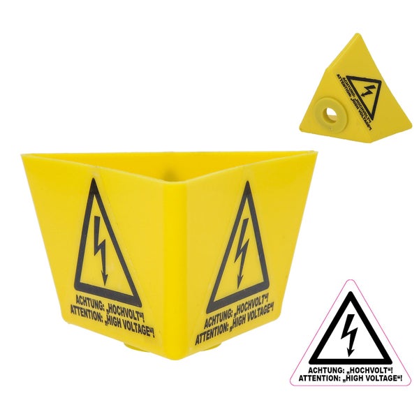 Gelbe dreieckige Kunststoff-Warnabdeckung für Hochspannung mit Blitzsymbol und Text Achtung Hochvolt.