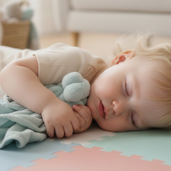 Schlafendes Kleinkind auf einer Schaumstoff Puzzlematte mit einem Kuscheltier.