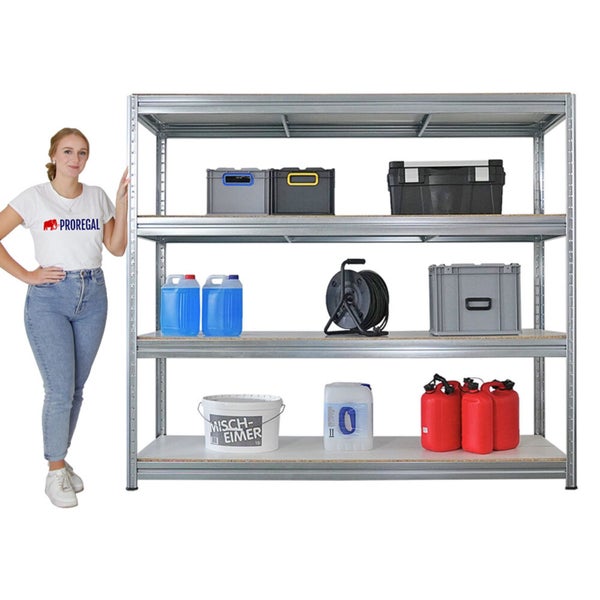 Metallregal mit Regalböden und Lagerbehältern