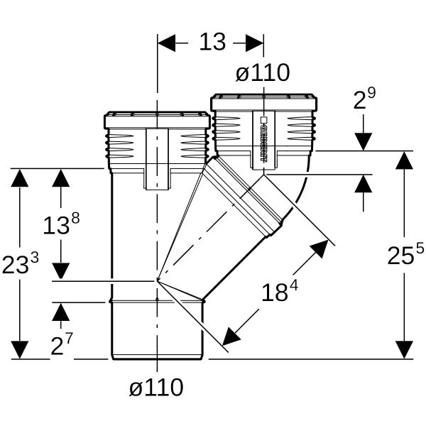 Technische Zeichnung eines Geberit Abzweigrohrs mit einem Durchmesser von 110 Millimetern, Maßangaben und Geberit Logo.