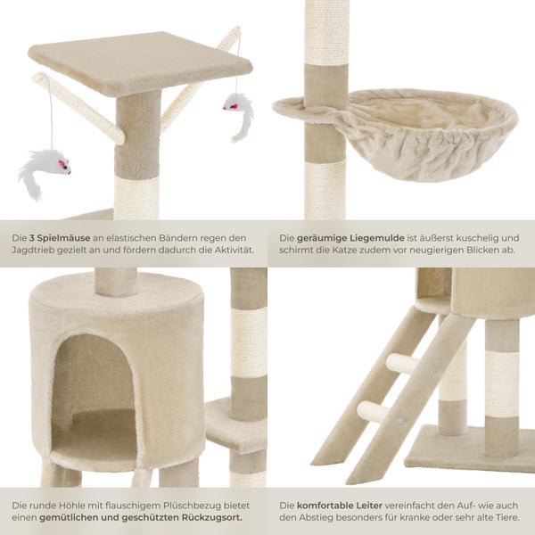 Kratzbaum tectake Dominik inklusive Treppe, 3 Spielmäusen und Kippschutz 144 cm beige