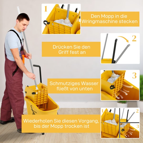 HOMCOM Putzwagen Reinigungswagen 36 Liter Eimer mit Presse, Haushaltswagen mit Mopp und Griff für Gebäudereinigung, Büroreinigung Gelb
