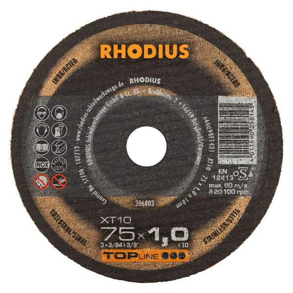 RHODIUS Mini Trennscheibe XT10 MINI, 50 Stück, 75 x 1,0 x 10,00 mm für Edelstahl, Stahl, Metall, TOPline