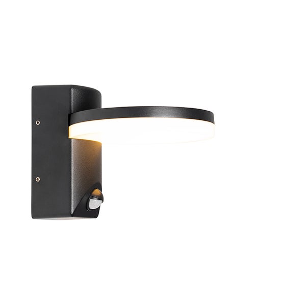 Moderne schwarze LED-Außenwandleuchte mit kreisförmigem Lichtkopf und integriertem Bewegungsmelder.