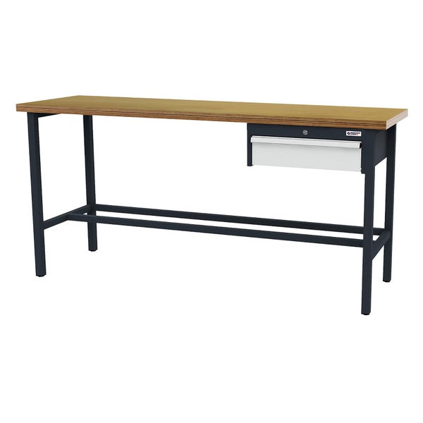 Werkbank mit Arbeitsplatte aus Holz, Metallgestell und einer abschließbaren Schublade.