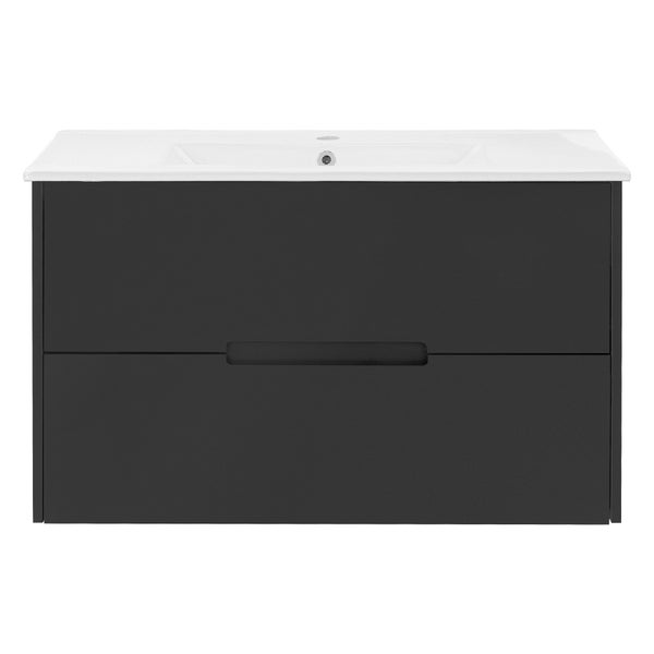 Waschtischunterschrank mit geöffneter Schublade und Waschbecken