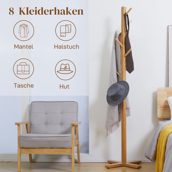 HOMCOM Garderobenständer aus Bambus, Jackenständer mit 8 Haken, Garderobe, Kleiderständer für Schlafzimmer, Flur, Hüte, 49,5 x 49,5 x 178 cm, Natur