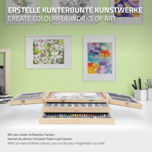 ECD Germany Malset Koffer 85-teilig, Künstlerset Maler, inkl. 3 Zeichenblock, Acrylpad & Zubehör, Malkoffer Kunstbedarf in tragbarer Holzkiste, Professionelles Kunstset, Zeichenset, Holzkoffer Etui