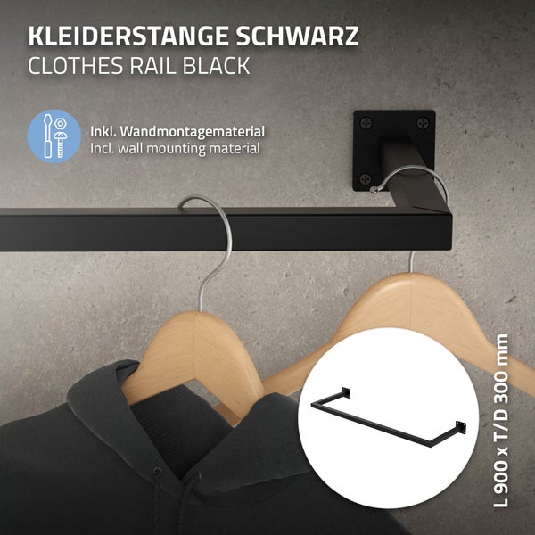 ML-Design Kleiderstange Rechteck für die Wand, T30cm x B90cm, Schwarz, aus Stahl, rostfrei, Garderobenstange U-Form, Kleiderständer Wandmontage, Kleidergestell Garderobenhalter, inkl. Montagematerial