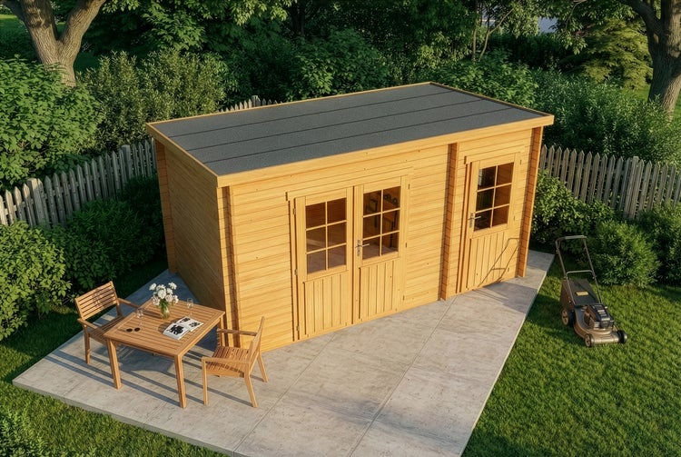 Modernes Gartenhaus aus Holz mit Pultdach, Doppeltür und Einzeltür auf einer Terrasse im Garten mit Sitzgruppe und Rasenmäher.