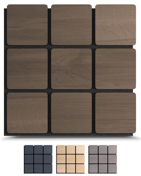 Akustikpaneel mit Holzquadraten auf Filzunterlage, 3x3 Anordnung, in verschiedenen Dekoren verfügbar.