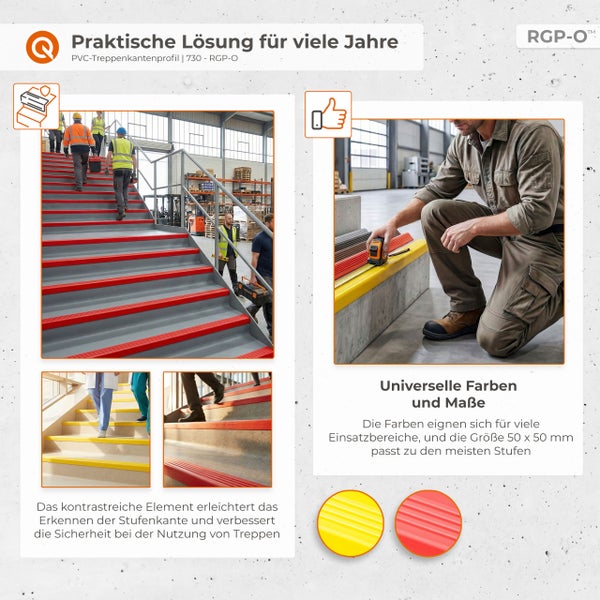 Treppenkantenprofil aus Polyvinylchlorid 50 mal 50 Millimeter, kontrastreich für mehr Sicherheit und bessere Sichtbarkeit auf Treppen.