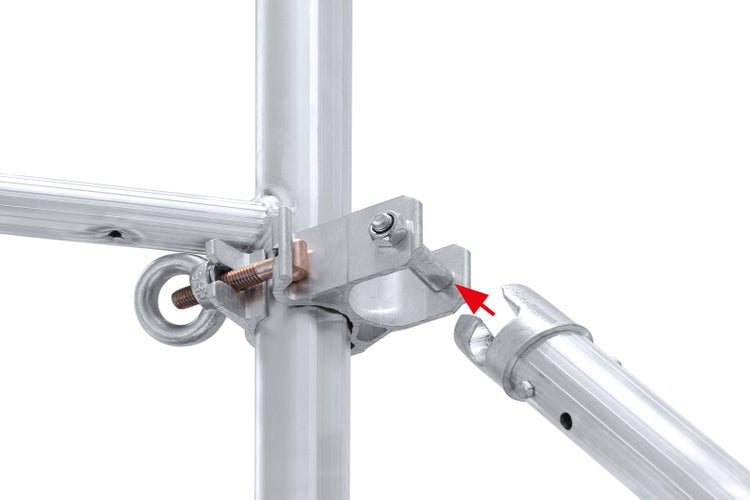 Detailansicht einer Gerüstverbindung mit Bolzen und Haken