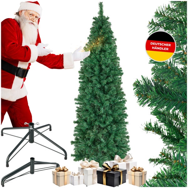 Künstlicher Weihnachtsbaum mit Weihnachtsbaumständer und Geschenken, präsentiert von Weihnachtsmann, mit dem Siegel Deutscher Händler