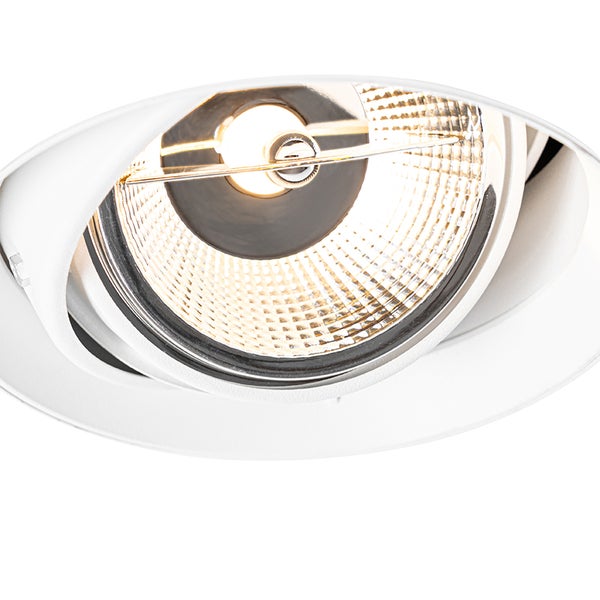 Schwenkbarer weißer LED-Einbaustrahler mit rundem Gehäuse und strukturiertem Reflektor.