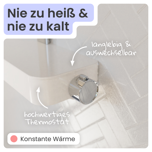 Hochwertiges Duschthermostat mit integrierter Ablagefläche, verchromtem Drehregler für konstante Wärme und langlebigen, auswechselbaren Komponenten.