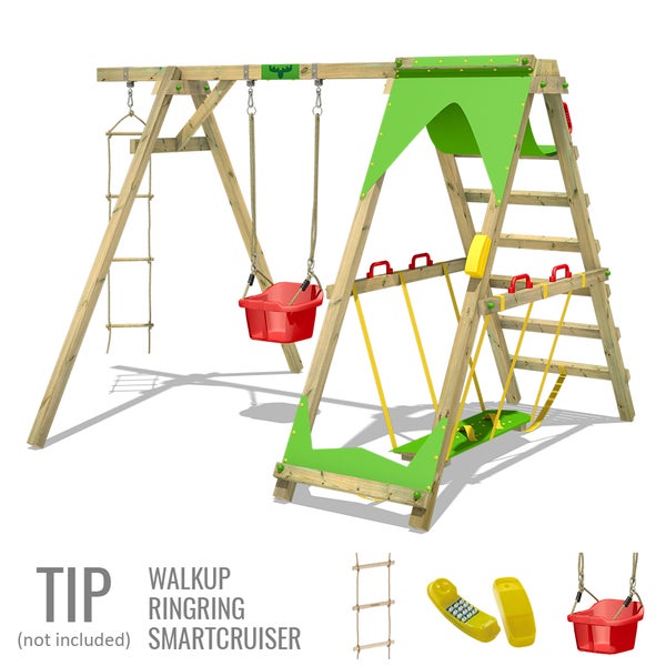 FATMOOSE Kinderschaukel Schaukelgestell JollyJade Schaukel, Schaukelgerüst, Doppelschaukel, Holzschaukel mit Kletteranbau - apfelgrün