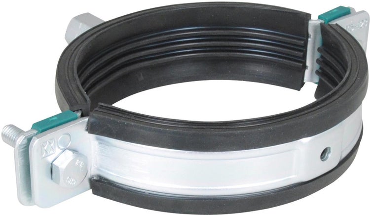 Rohrschelle aus Metall mit Gummieinlage und Befestigungsschraube.