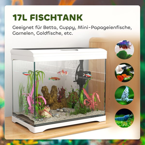 PawHut Aquarium mit LED-Beleuchtung, Filtersystem, 17L Fischtank, Tropenfischaquarium mit Wasserpumpe Weiß