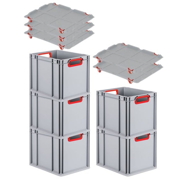 PROREGAL Spar Set 5x Eurobox Nextgen Color Mit Auflagedeckel & Schiebeschnappverschlüsse HxBxT 32 x 30 x 40 cm Griffe Rot Offen Glatter Boden