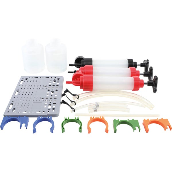 Aquarium Dünge-Set mit Flaschen, Spritzen, Schläuchen, Halterungen und einer grauen Halteplatte