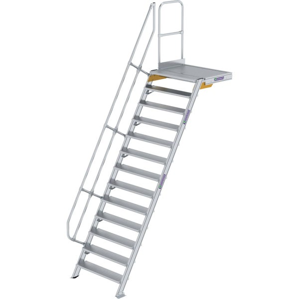 Stationäre Aluminium-Treppe mit Plattform, einseitigem Handlauf und Sicherheitsgeländer oben.
