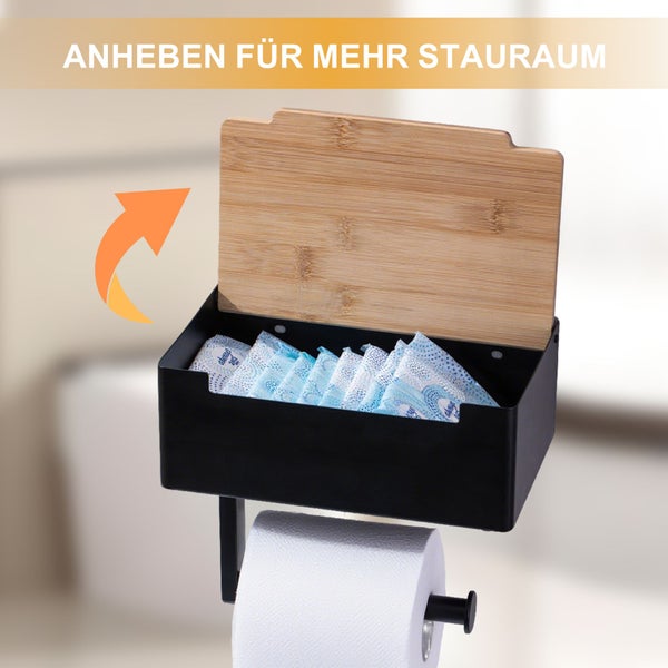 BERLINLODGE Toilettenpapierhalter mit eingebauter Box, 6,5x20x12cm, Schwarz/Bambus, Klopapierhalter mit Ablage Klorollenhalter WC Papier Halterung ohne Bohren, Selbstklebend oder zum Schrauben