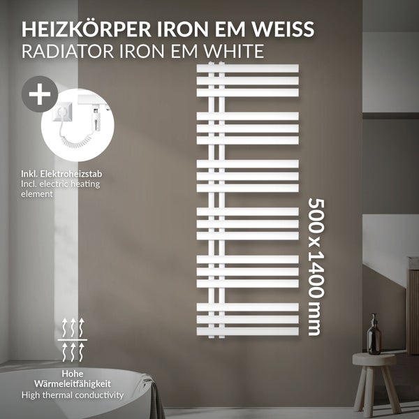 LuxeBath Elektrischer Badheizkörper IronEM 500x1400 mm Weiß + Heizstab 1200W mit Thermostat Touchbedienung, Handtuchheizkörper mit Heizpatrone, Elektro Handtuchwärmer Paneelheizkörper Designheizkörper