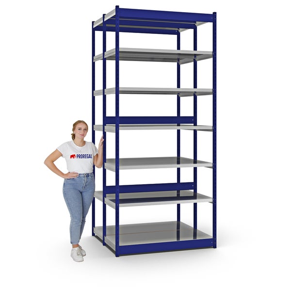 PROREGAL Fachbodenregal Stecksystem Vierkant-Profil Grundregal HxBxT 300 x 132,5 x 50 cm 2x7 Ebenen Doppelseitige Bauart Fachlast 200 kg Enzianblau
