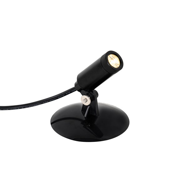 Verstellbarer LED-Spot in Schwarz mit rundem Standfuß und Anschlusskabel.