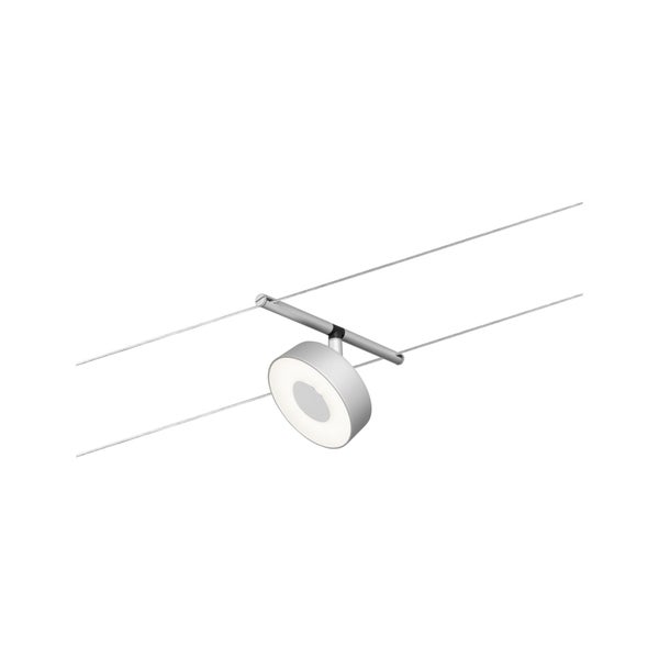 Runder LED-Spot für Seilsysteme aus Metall, silberfarben.