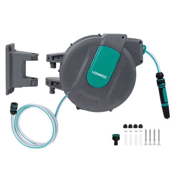 VONROC Schlauchtrommel Gartenschlauch als Schlauchaufroller 35 Meter - Wasserschlauch 180 drehbar als Schlauchbox inkl. Schlauchhalter Wand & Einzugautomatik - Grün