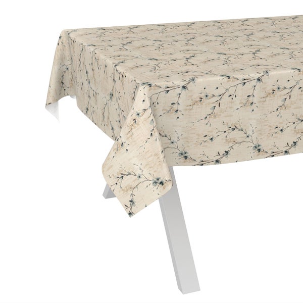 Rechteckige Tischdecke mit floralem Zweigmuster auf hellem Stoff.