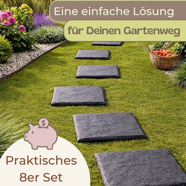 Quadratische dunkelgraue Trittsteine mit Struktur für einen Gartenweg im Rasen, preiswertes Set aus acht Stück.