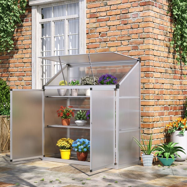 Outsunny Alu-Gewächshaus, mit 3 Ebenen, 131 x 58 x 139,5 cm, Polycarbonat, Aluminium, Silber