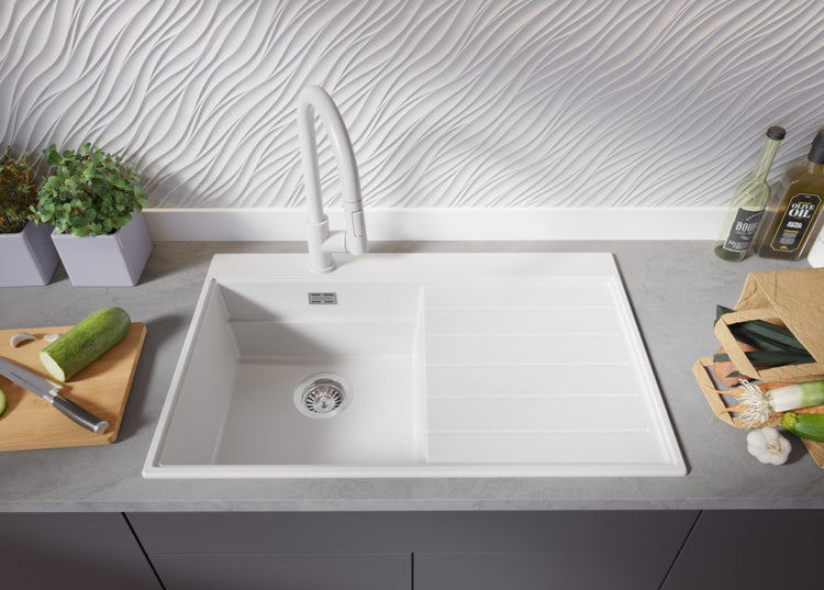 PRIMAGRAN Spülbecken Alles Weiß 78x50cm, Granitspüle 1 Becken + Ablauf-Set + Küchenzubehörset, Küchenspüle ab 45er Unterschrank - Sydney