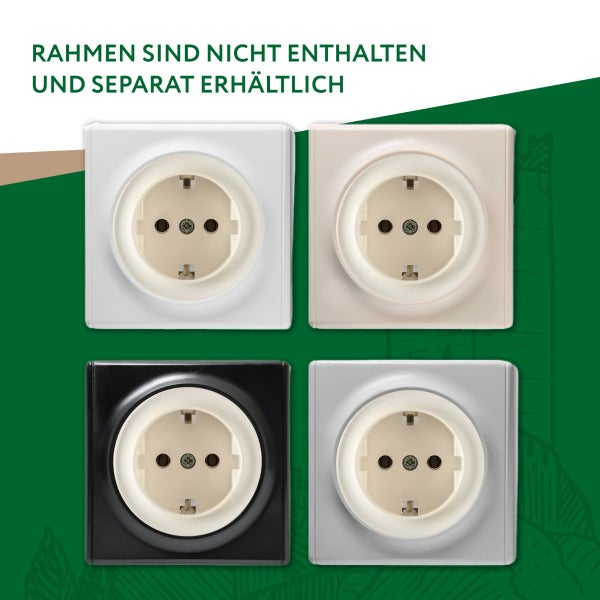 Vier Schutzkontaktsteckdosen ohne Rahmen, separat erhältlich, in verschiedenen Ausführungen zur Unterputzmontage.