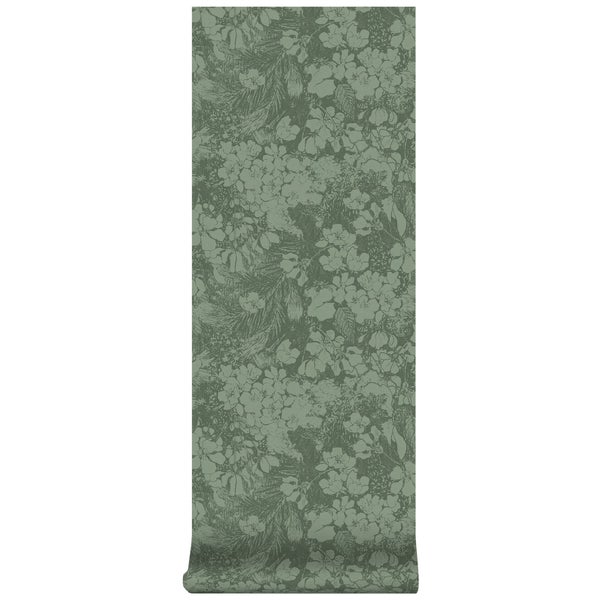 Grüne Vliestapete mit floralem Muster aus Blumen und Blättern.