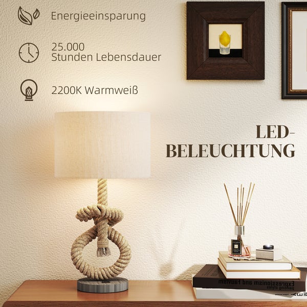 LED-Tischleuchte mit Seil-Design, Stoffschirm, 2200 Kelvin warmweißem Licht, Energieeinsparung und 25.000 Stunden Lebensdauer.