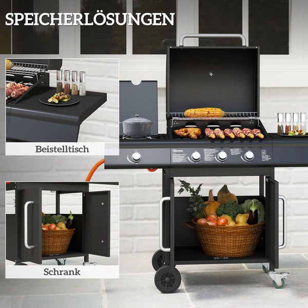 Outsunny Gasgrill 12,2 KW 3+1 Brenner BBQ Grillwagen aus Edelstahl inkl Rolle Seitenbrenner Thermometer Grillrost Kochfeld Seitentisch Gas-Grill für Balkon Camping 118,5 x 56 x 110 cm