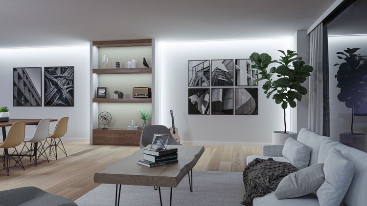 Modernes Wohnzimmer mit Holzboden, grauem Sofa, Couchtisch mit Baumkante, Einbauregal und Wandbildern. Inklusive Essbereich und Zimmerpflanze.