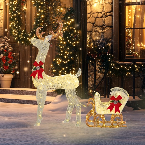 Outsunny LED Rentier und Schlitten Weihnachtsdeko mit 170 Lichtern, Weihnachtsbeleuchtung Hirsch Deko für Indoor, Outdoor, Weiß