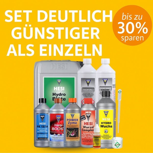 Hesi Düngerset für Hydroponik mit verschiedenen Pflanzennährstoffen. Set-Angebot mit bis zu 30 Prozent Ersparnis gegenüber dem Einzelkauf.