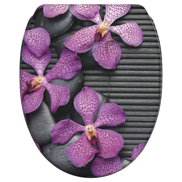 Toilettensitz mit Orchideen Motiv auf Steinen und Bambusmatte